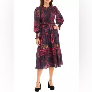 Ro's Garden Blouson Sleeve Printed Midi Dress in Magenta